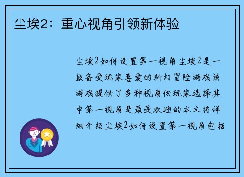 尘埃2：重心视角引领新体验