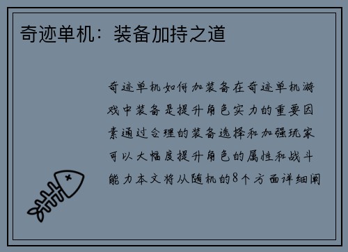 奇迹单机：装备加持之道